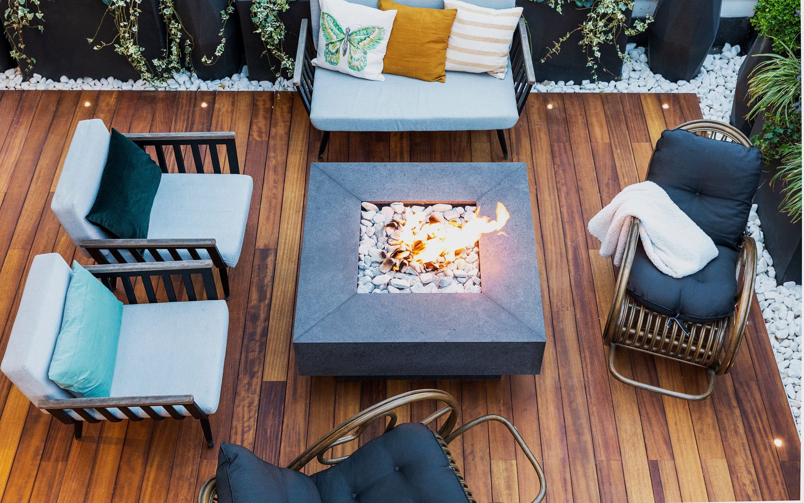 A backyard patio and deck seen from above