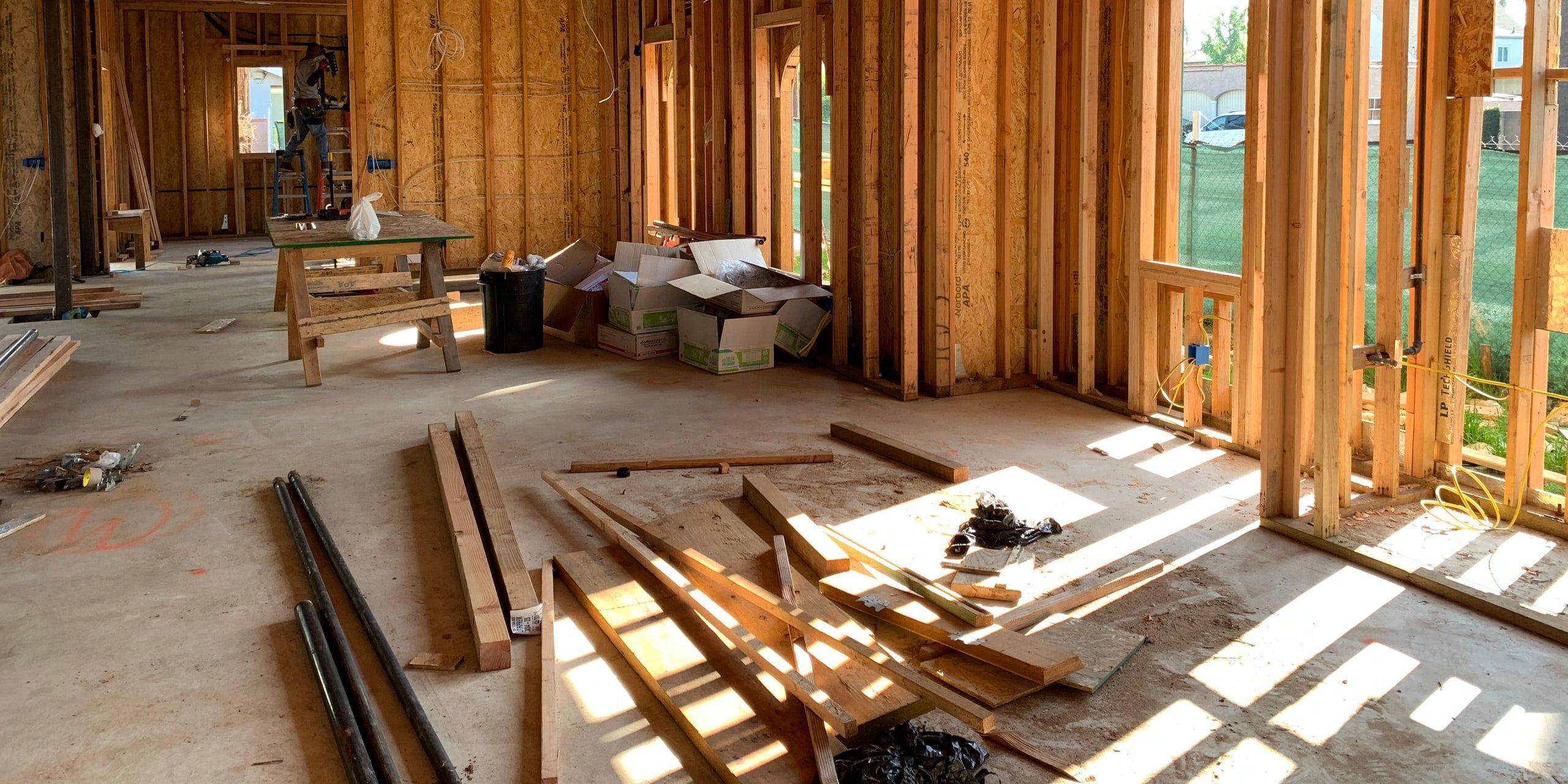 Timber stud walls framed inside a building