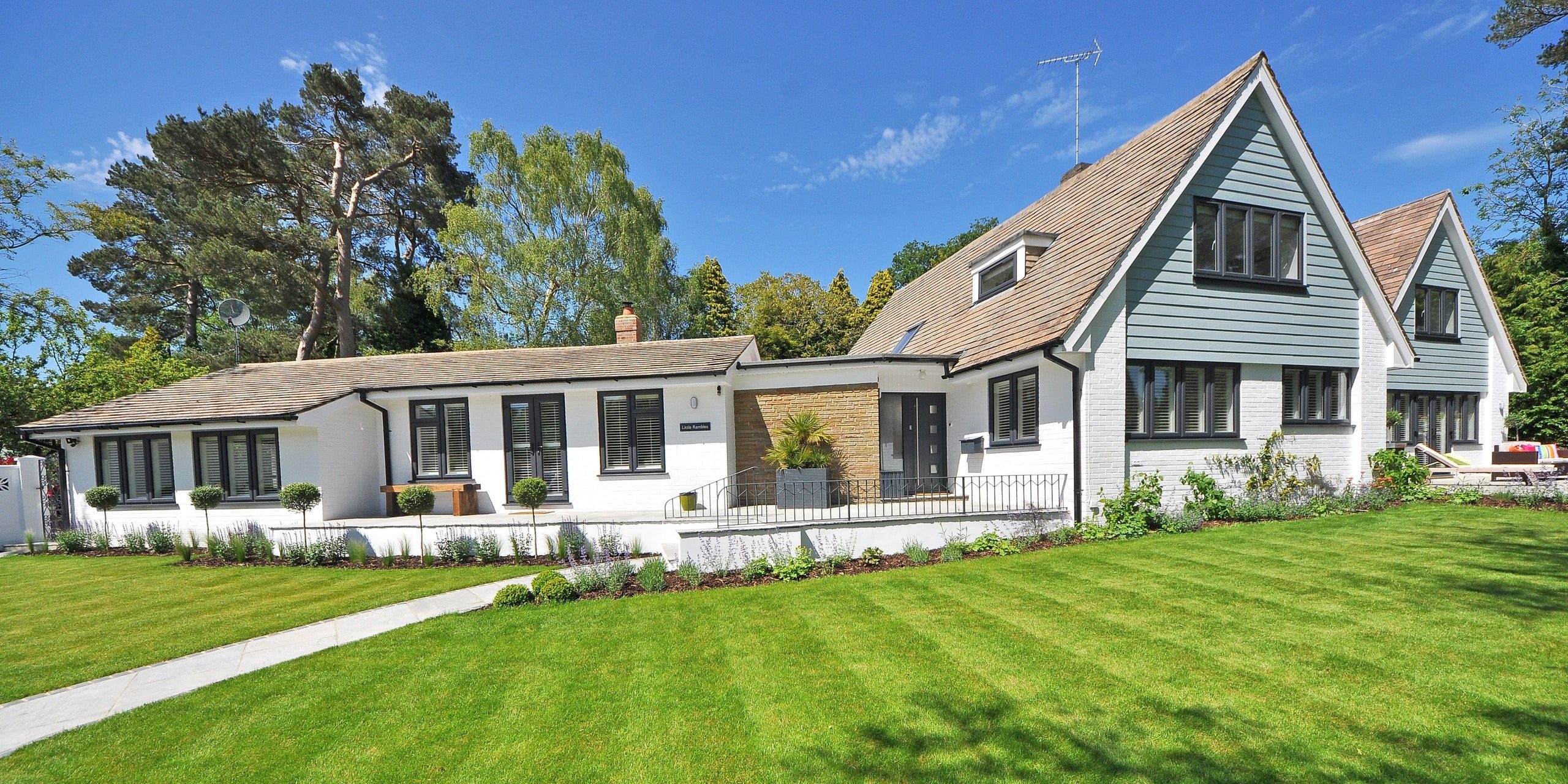 Maintained lawn and hedging beside a building