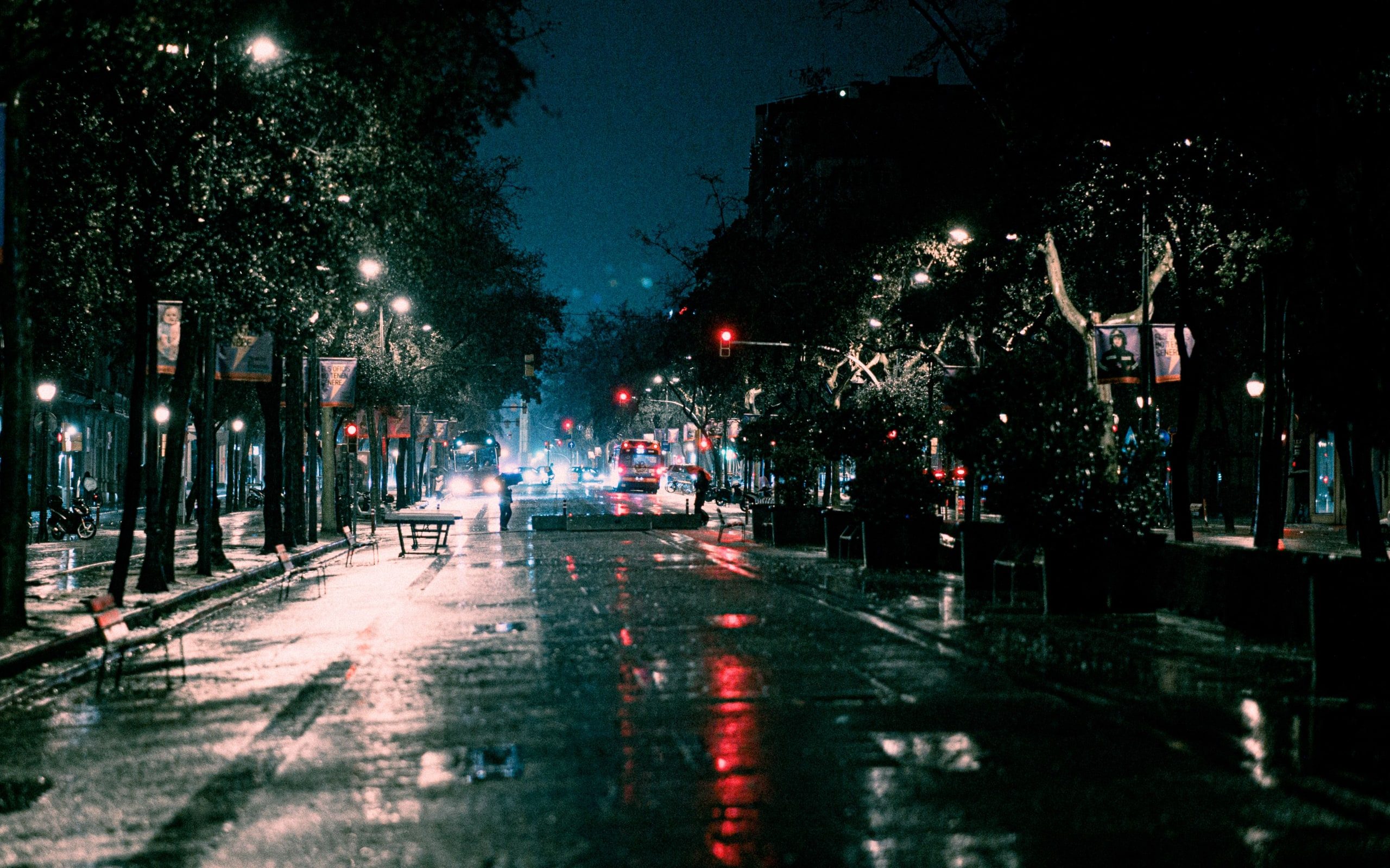A wet street at night after heavy rain
